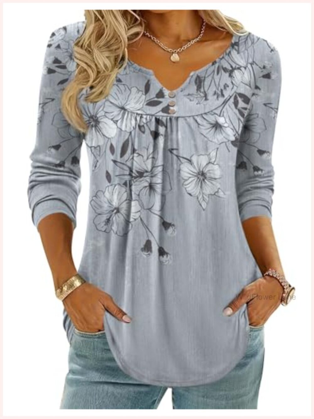 Boho Long Sleeve Tunic Top Henley V Neck Pleated Curved Hem